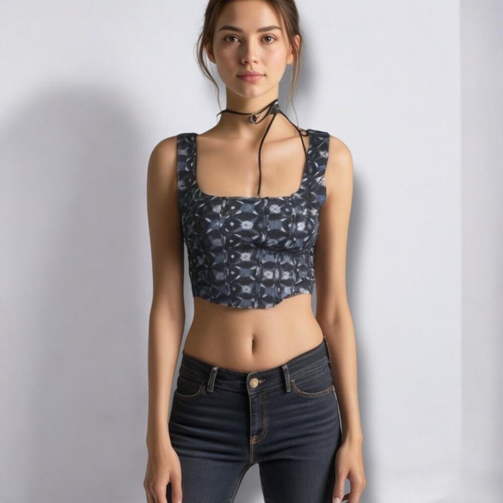 Free People XL Galaxy Square Neck Corset Crop Top Blue Purple Floral Mesh Side